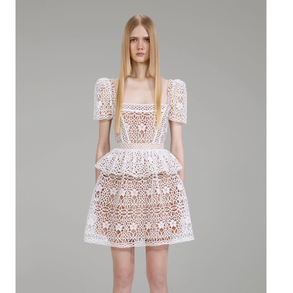 Self Portrait White Guipure Lace Tiered Mini Dress